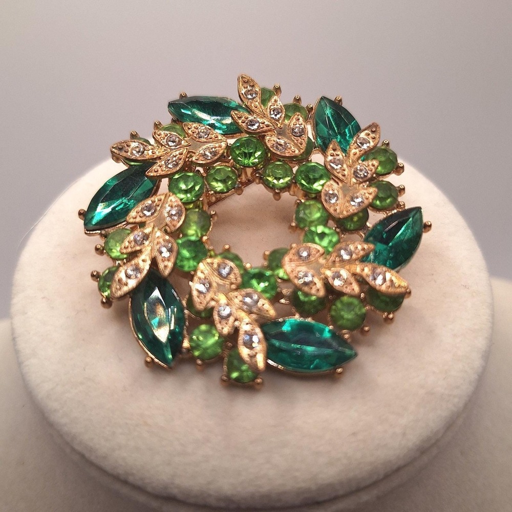 Vintage wreath floral brooch green navette marquise rhinestones mid century